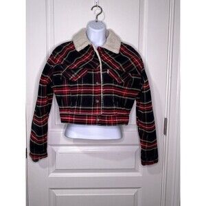 LEVI’S Jacket XS Womens Corduroy Red Christmas Plaid Sherpa Lined Crop Trucker